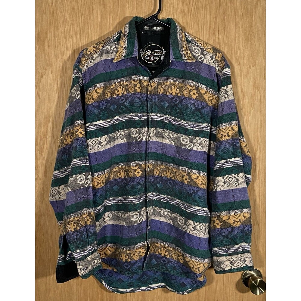 Vtg Lemon & Soda Boho Western Shacket Heavy Cotton Stripes Multicolor Textured M